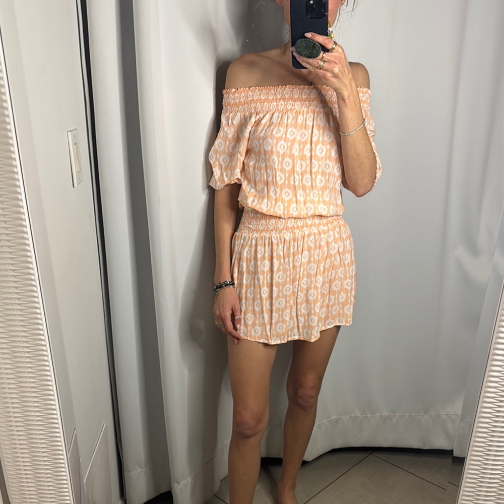 Off-Shoulder Peach Patterned Romper - image 1